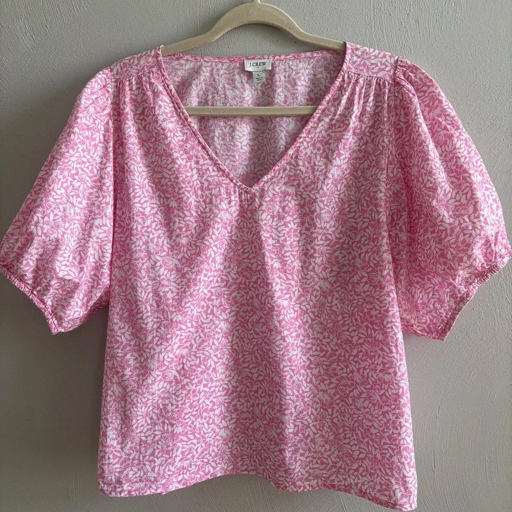 J. Crew | Cotton V-Neck Puff-Sleeve Floral Women Pink/White Blouse Large